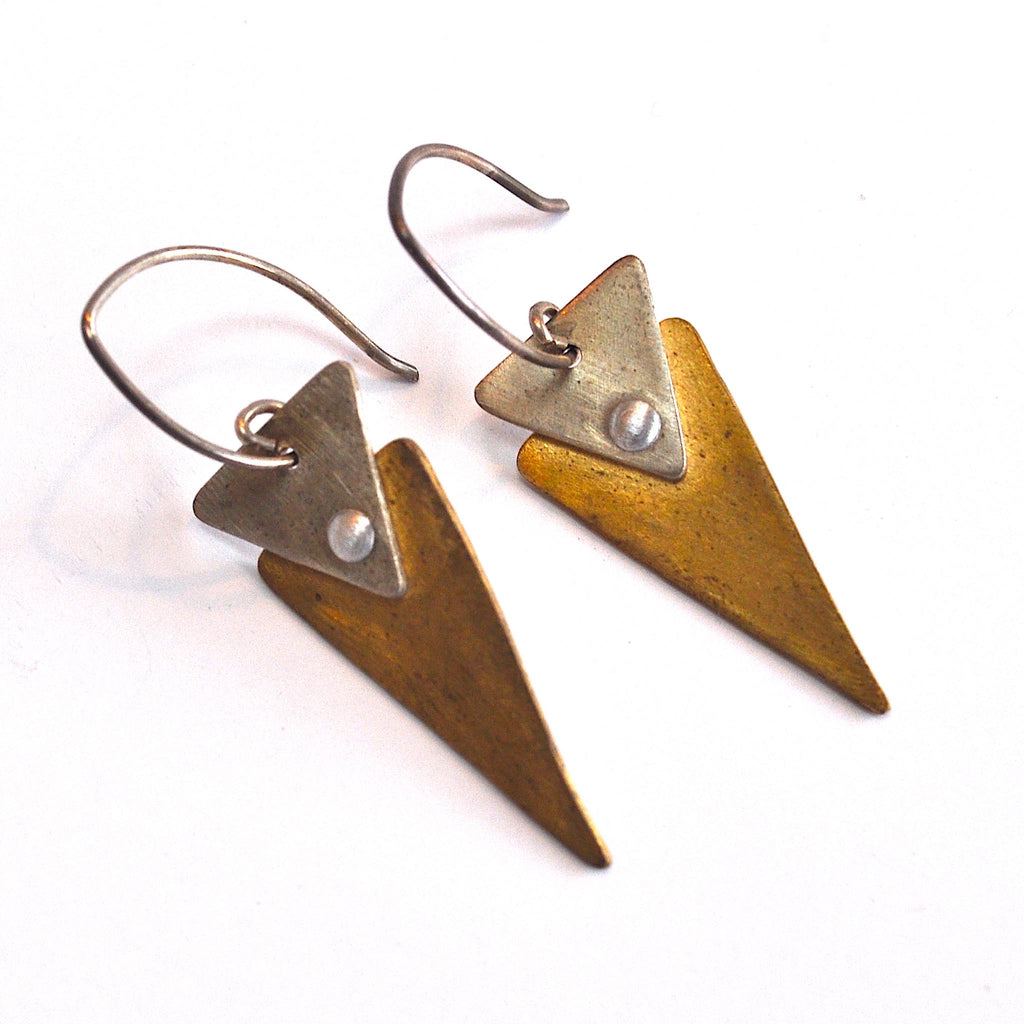 Brass and Sterling Triangle Earrings