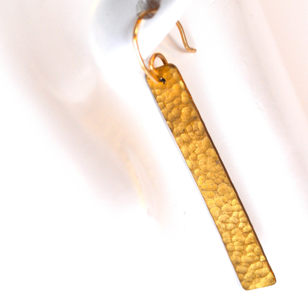 Hammered Brass Bar Earrings, Gold Fill Post